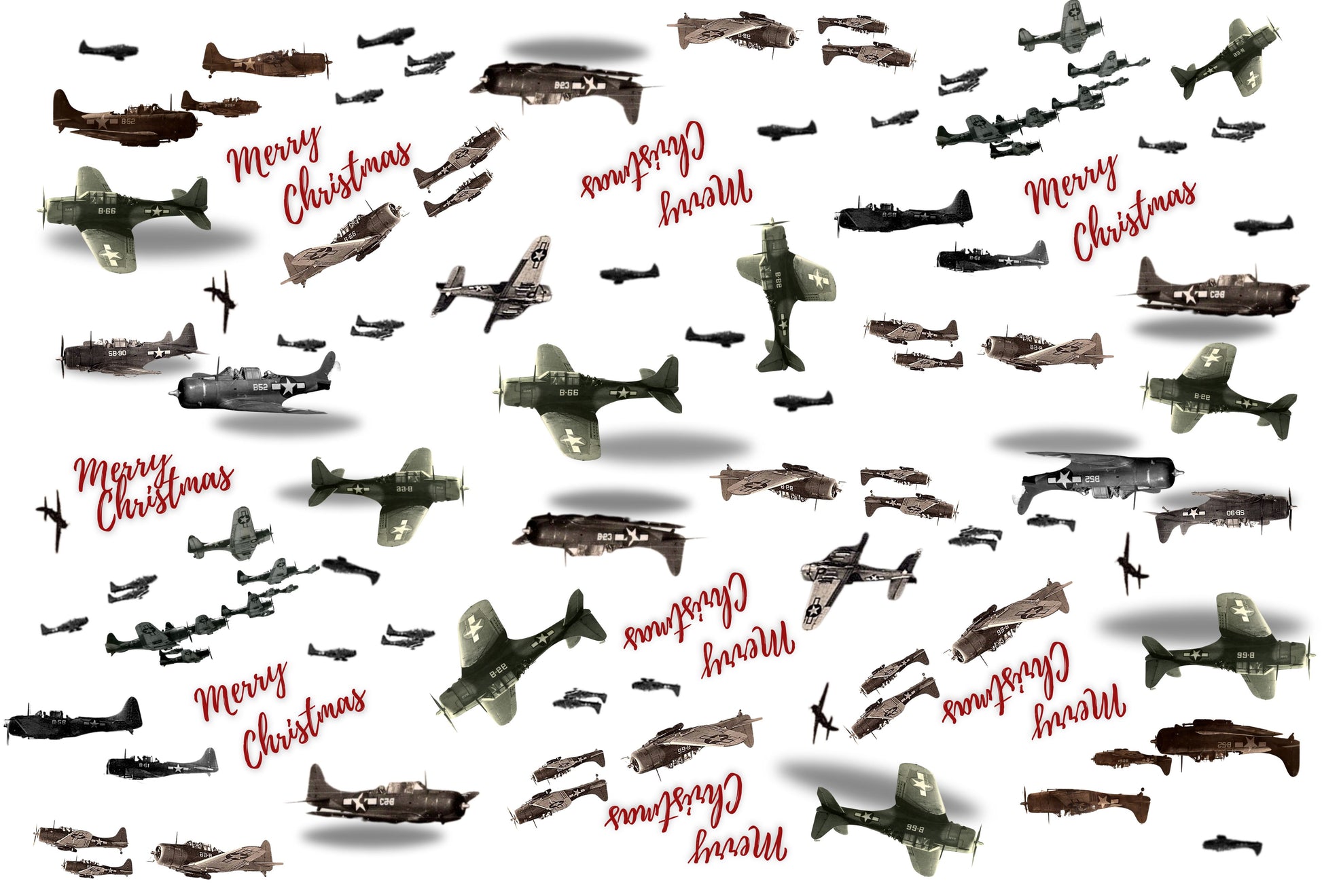 White wrapping paper featuring red text "Merry Christmas" along with black and white images of vintage, World War II SBD-Dauntless dive bombers. 